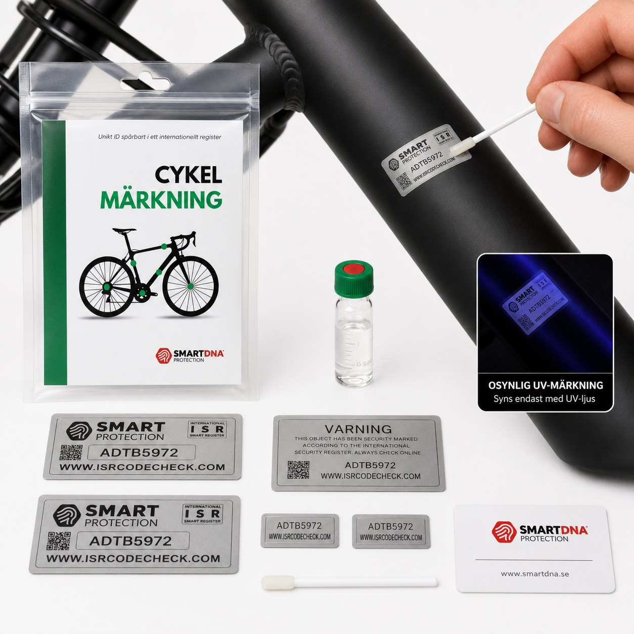 Applicering av osynlig UV-märkning och spårbara dekaler på en cykel