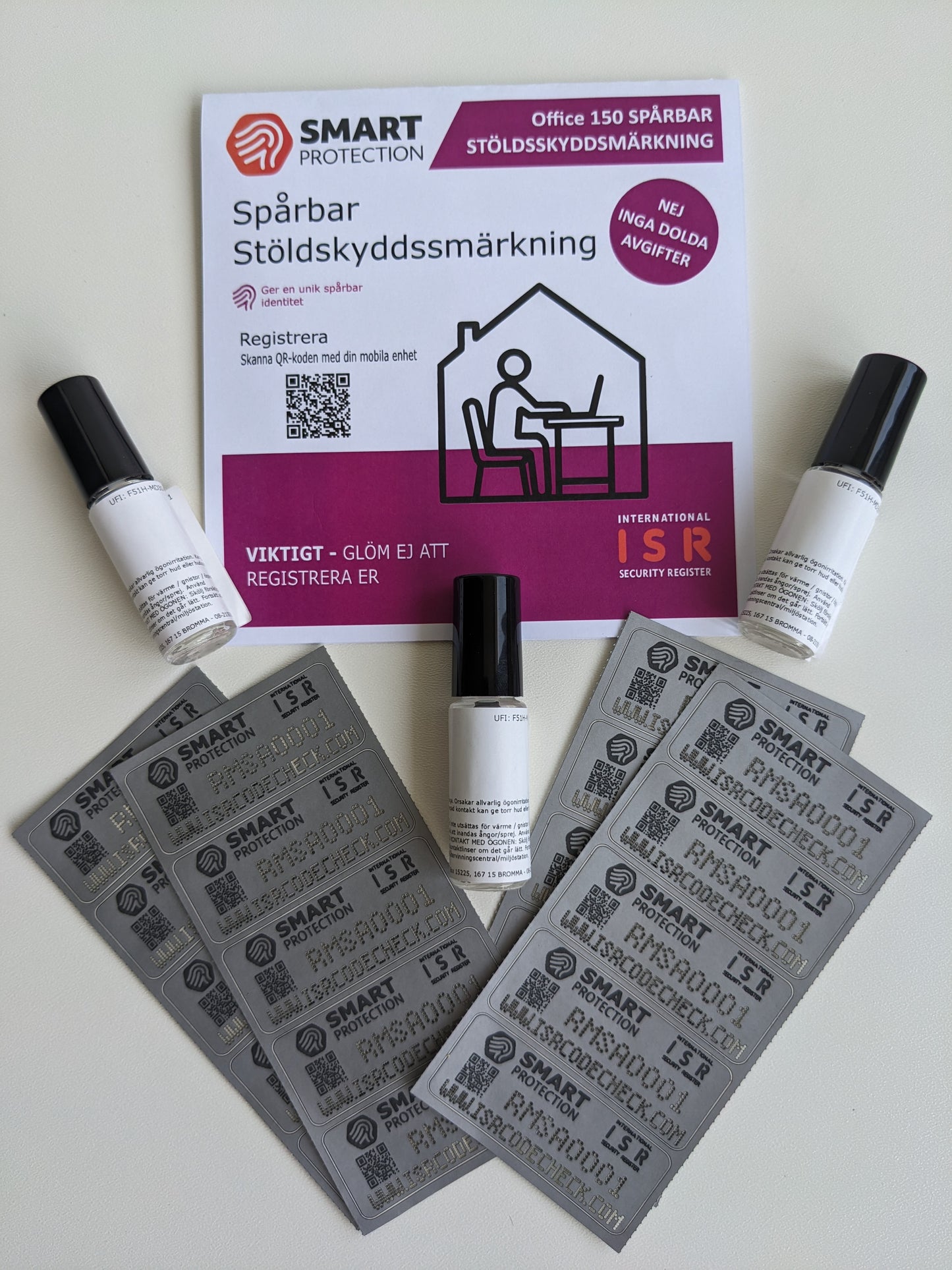 Närbild på ISR Office-paket med 150 dekaler och tre flaskor etsvätska