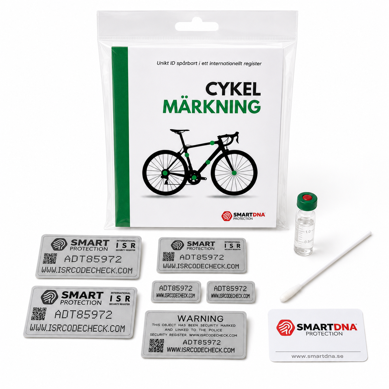 ISR Grön cykelmärkning med UV-vätska, dekaler och registreringskort
