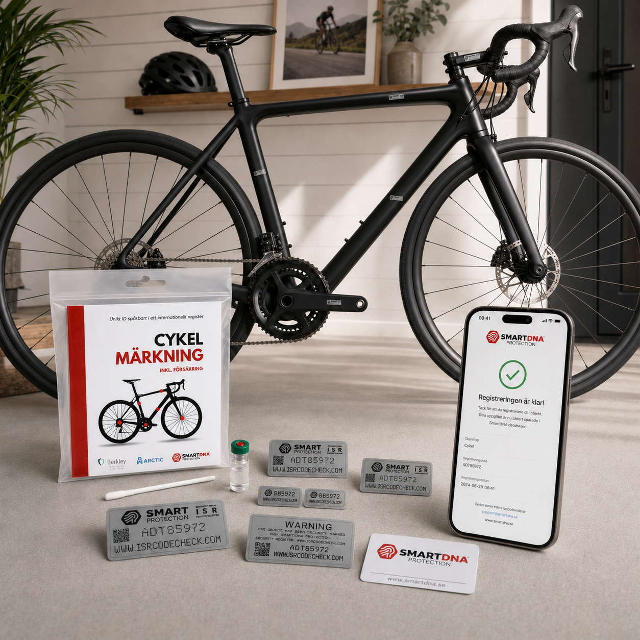 Cykel med ISR Röd märkningskit, dekaler och digital registrering