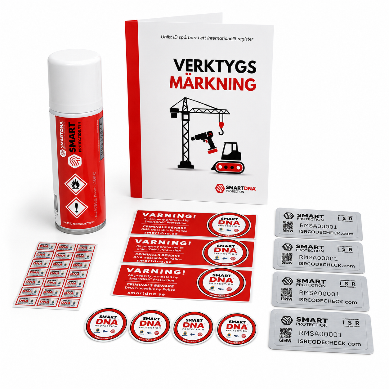 SmartDNA Heavy Duty-märkningskit med spray, QR-dekaler och varningsskyltar