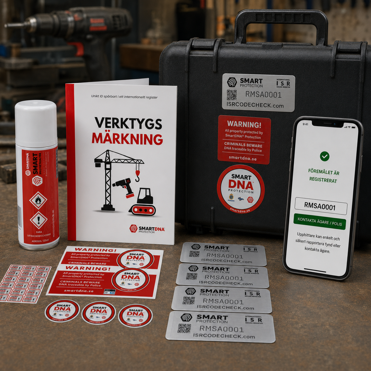 SmartDNA-märkt verktygsväska med QR-dekaler och registrering i mobilen