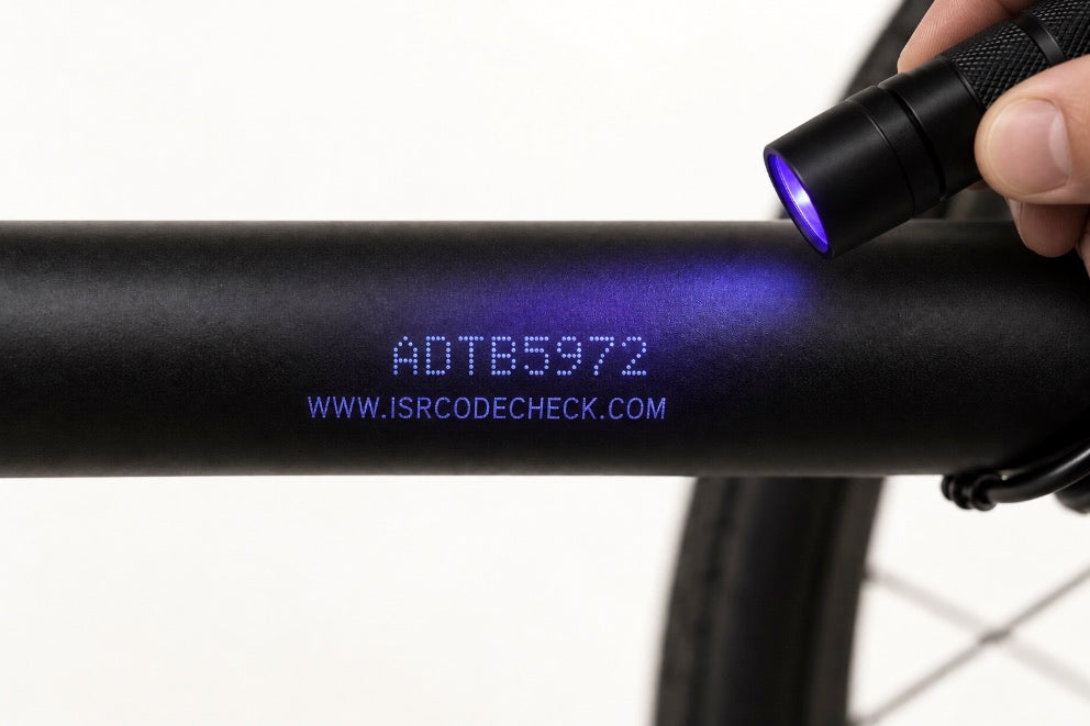 Kodmärkning på cykelram belyst med UV-lampa